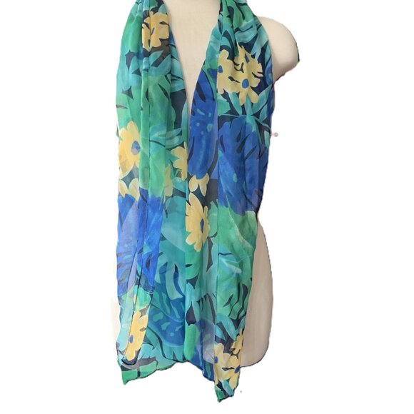 Silk oolong scarf BLUE GREEN FLORAL PRINT VINTAGE - Picture 1 of 6